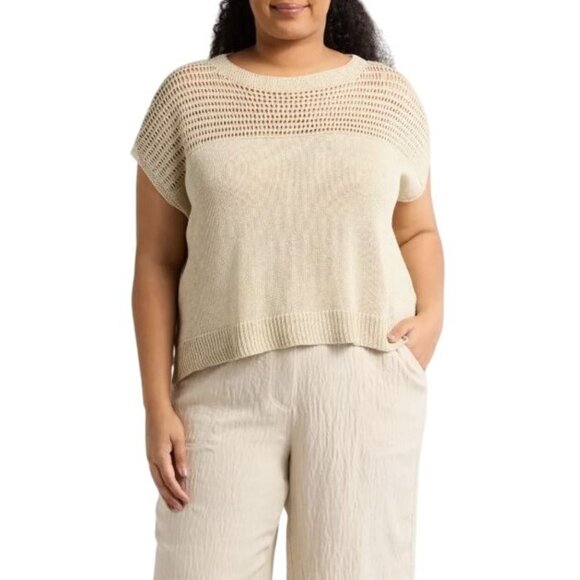 Max Studio Womens Plus Beige Knit Crew Neck Open Weave Dolman Sweater Sz 2X New - Picture 1 of 10